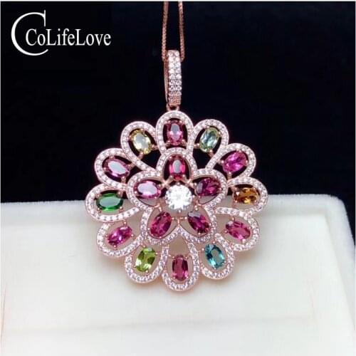 CoLife Jewelry 925 Silver Tourmaline Pendant for Party Natural Multi-color Tourmaline Necklace Pendant Silver Gemstone Jewelry