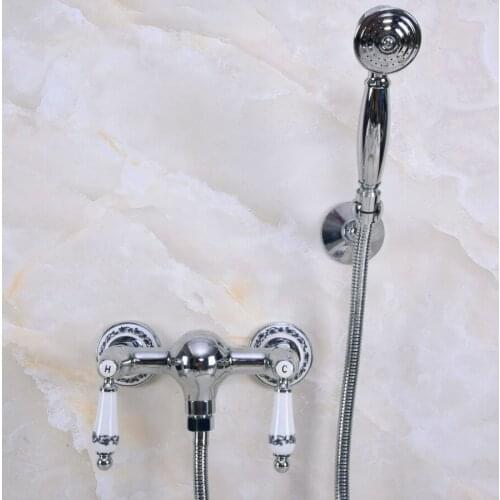 Modern Wall Mount Polished Chrome Brass Bathroom Hand Shower Faucet Mixer Tap Set Telephone Shape Hand Spray Shower Head ana287