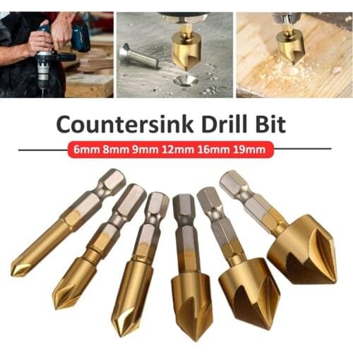 3/6pcs HSS Chamfer Countersink 6mm-19mm Chamfer Drill Bit 1/4" Hex Shank 90 Degree Wood Chamfering Cutter