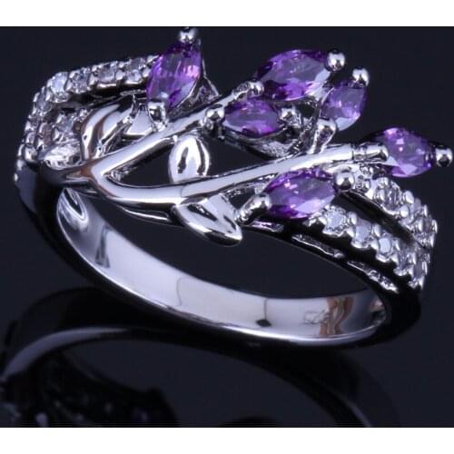 Tantalizing Plant Purple Cubic Zirconia White CZ Silver Plated Ring V0439