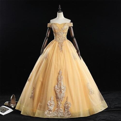 VESHJA DASMES Gold Luxury Quinceanera Dress Off The Shoulder Ball Gown Vintage Lace Embroudery Party Prom Quinceanera Dresses