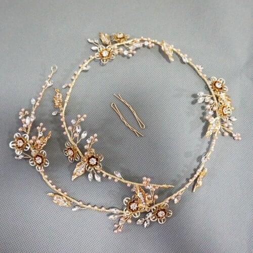 Vintage Gold Floral Bridal Crown Rhinestone And Pearls Long Hair Vine Wedding Headband Boho Hair Jewelry Brides Headpiece