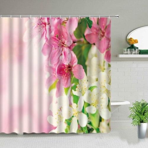 Pink White Flower Plant Scenery Shower Curtains Rose Tulip Butterfly Spring Landscape Printing Bathroom Waterproof Bath Curtain