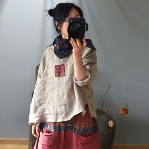 Women Spring Summer Linen Shirts Tops Female 2020 Loose Flax T-shirt Ladies Linen Tees Tops Patchwork Shirt