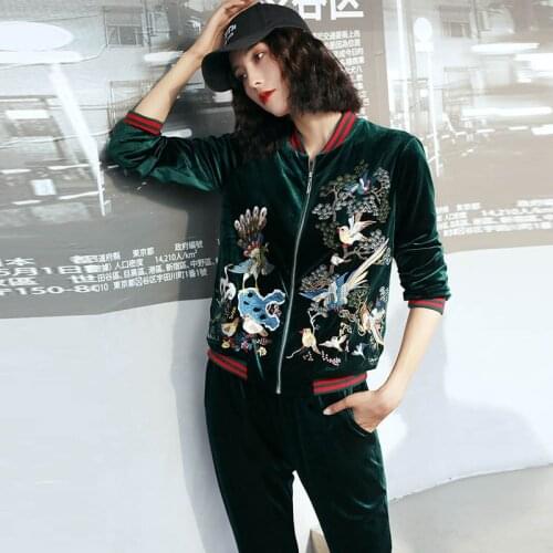 High-end women floral women set vintage embroidery shirt top + pants flowers elegant lady casual velvet suit set S-XXL
