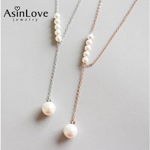 AsinLove 18K Gold Pearl Bead Necklace for Women Elegant Luxury Real 925 Sterling Silver Long Pendant Necklace Wedding Jewelry