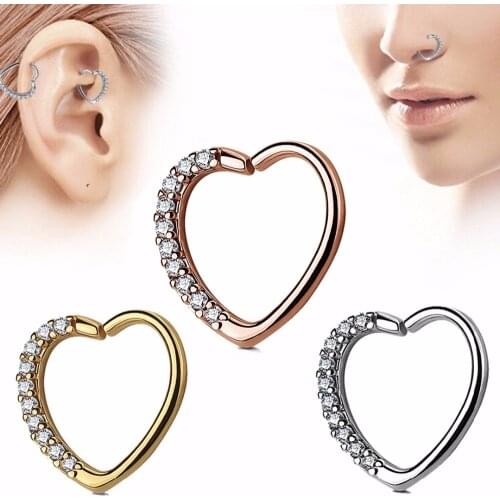 BOG-Lot 1PC Brass Ear Tragus Cartilage Earring with Press Fit Zircon CZ Heart Hoop Daith Piercing Ear Cartilage Piercing Jewelry