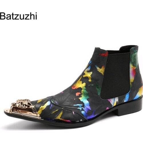 Batzuzhi Puck Fashion Men Shoes Golden Metal Toe Genuine Leather Ankle Boots Men Black Color Rock Party/Motorcycle Botas Hombre