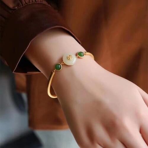 New Design Lucky Bracelet With Natural Hotan Chalcedony Gourd Hand Chain Vintage Matte Gold Jewelry For Women Birthday Gift