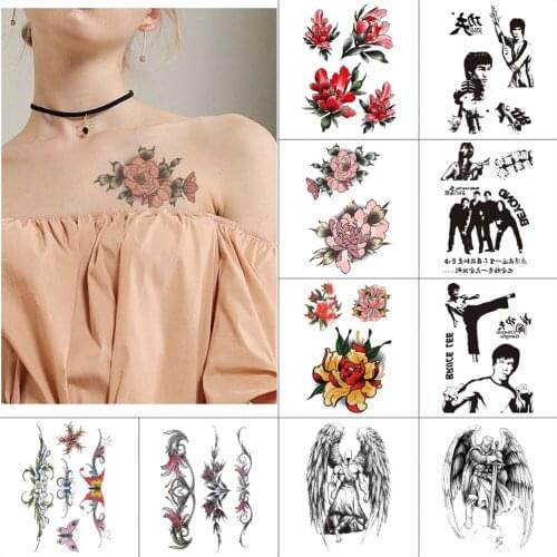 Black temporary fake tattoo sticker angel deity watercolour flower Chinese kung fu Bruce lee Mens tattoo women body art tattoo