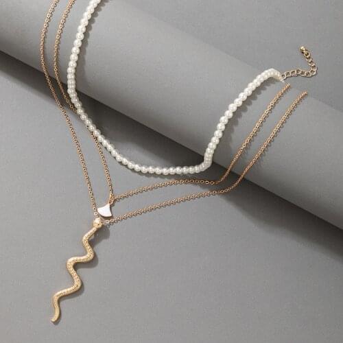HuaTang Boho Snake Pendant Necklace for Women Girls Multi-layer Pearl Gold Color Choker Necklace Statement Jewelry Wedding 18426