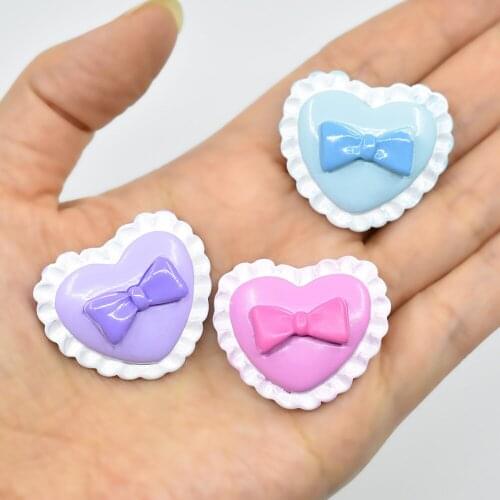 Kawaii Pastel Colors Bow Tie Ribbon Heart Patch Sticker 10pcs Resin Cabochons mbellishments Scrapbooking Beading Material Patch