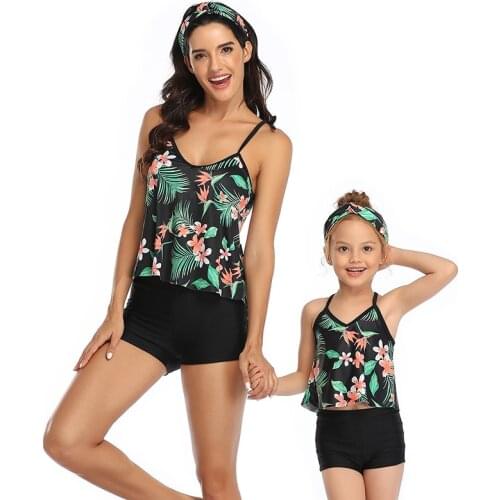 Girl Halter Swimwear Mother Daughter Tankini Two piece Floral 2021 New Child Swimsuit Women Beach wear Swimming Boxer Shorts
