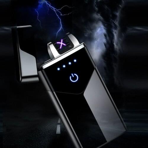 Metal USB Electric Lighter Windproof LED Power Supply Display Touch Screen Plasma Double Arc Lighter Smoking Tools Mens Gadgets