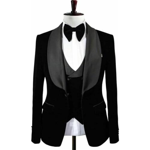 Mens velvet groom tuxedo shawl lapel best man mens wedding prom dinner suit (jacket + pants + vest