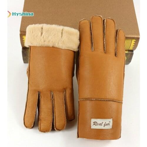 Winter Mens Warm Real Fur Genuine Leather Gloves Sheepskin Gloves Mens Sheep Fur Integrated Thick Wool Gloves