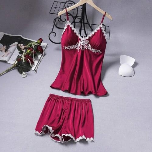 Sexy Satin Pajamas Sleep Suits V-Neck Female Sleepwear 2PCS Sleeveless Cami&Shorts Sets Home Clothes With Breast Pads Pyjamas