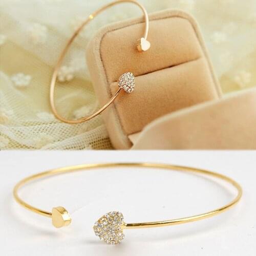 Simple Style Gold Tone Rhinestone Love Heart Bangle Cuff Bracelet Exquisite Diamante Double Heart Shape Bracelet Gift for Women