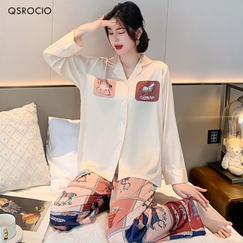 QSROCIO New Womens Pajamas Set Fashion Classic Hourse Print Sleepwear Luxury Silk Like Nightwear Casual Homewear Pyjamas Femme
