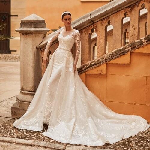 Romantic Mermaid Wedding Dress 2021 Appliques Lace Beading Sashes 2 In 1 Mariage Vestido De Noiva Two-piece White Bridal Gowns