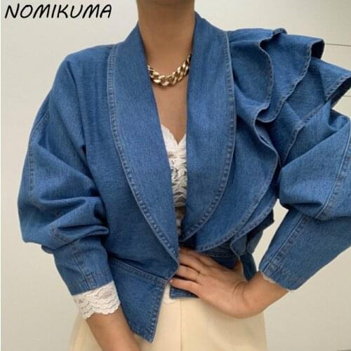 Nomikuma Chic Ruffle Patchwork Women Short Jeans Coat Korean High Waist Slim Elegant Demin Jacket 2021 Autumn New Cowboy 6Z312