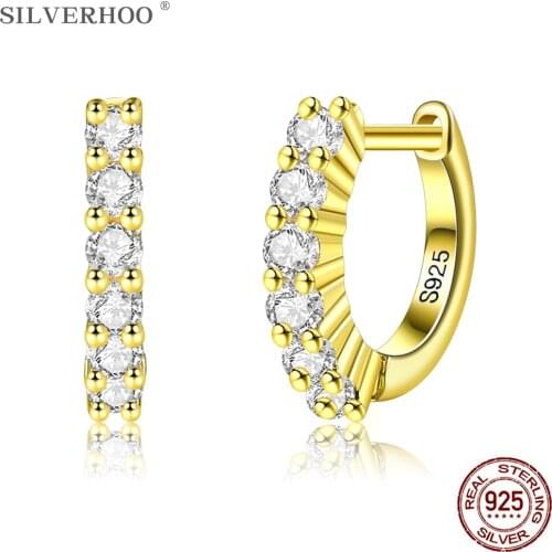 SILVERHOO 925 Sterling Silver Hoop Earrings Exquisite Zirconia Gold Fine Jewelry New Arrival Female Earring Wedding Presents