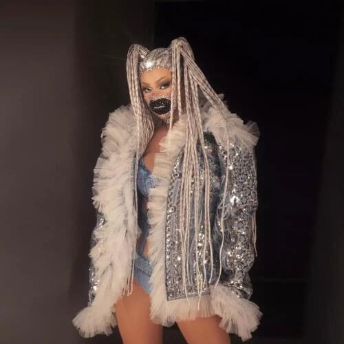 Glisten Sequin Rhinestone Blue Denim Jacket Birthday Celebrate Loose Denim Outfit Women Singer Dance Show Evening Wear