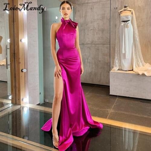 Modest Mermaid Fuchsia Prom Dress 2021 Long Sexy Halter Neck Dresses Woman Party Night High Split Evening Gown Custom Made