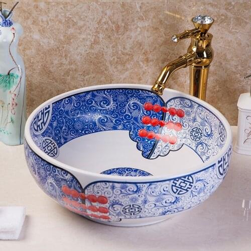Bathroom Counter Top Wash Basin Cloakroom Hand Painted Vessel Sink art blue and white ceramic wash basin bathroom sink