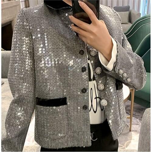 European Autumn New Retro Wild Loose Gray Sequins Rhinestone Buttons Suit Short Jackets Women Coats Fashion Streetwear 2021