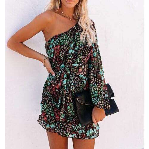 Foridol Floral Print One Shoulder Party Dress Long Sleeve Ruched Bodycon Mini Club Black Dres Boho Autumn Winter Dress Vestidos