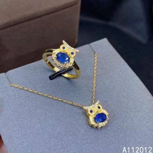 KJJEAXCMY fine jewelry natural sapphire 925 sterling silver popular owl girl new pendant necklace chain ring set support test