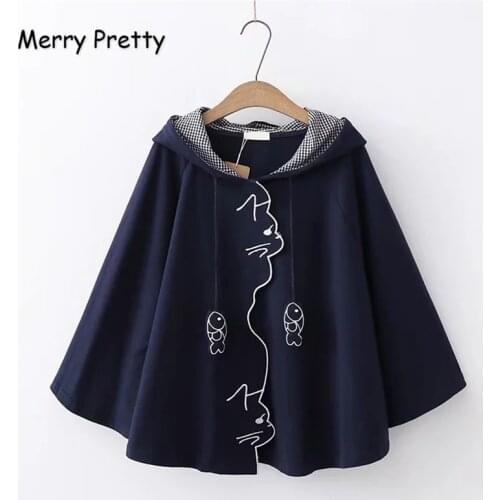 MERRY PRETTY Women Outerwear & Cloak 2020 Autumn Cartoon Embroidery Hooded Coat Harajuku Cotton Pullover Cute Poncho Jacket
