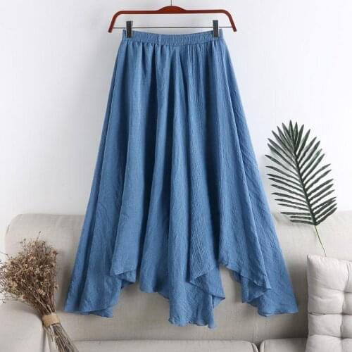 Female Spring Summer 2021 Fashion Women Solid Elastic High-waist Wild Pleated Irregular Skirt Blue Big Swing Midi Skirts Y841