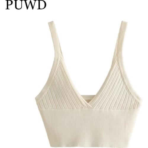 PUWD Casual Women Short Sling Knitted Tank Tops2021Summer Personality Solid Color V-neck Slim Sexy All-match Fashion Female Vest