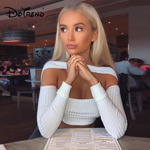 Off Shoulder Womens Tee Shirts Long Sleeve Slash Neck Split Hollow Out Sexy White Crop Tops 2019 Autumn Women T-shirt