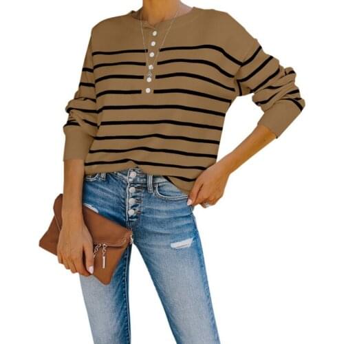 New Womens Round Neck Ribbed Loose Long-sleeved Striped Sweater Button Knit Sweater Solid Color Pullovers LOKJ1