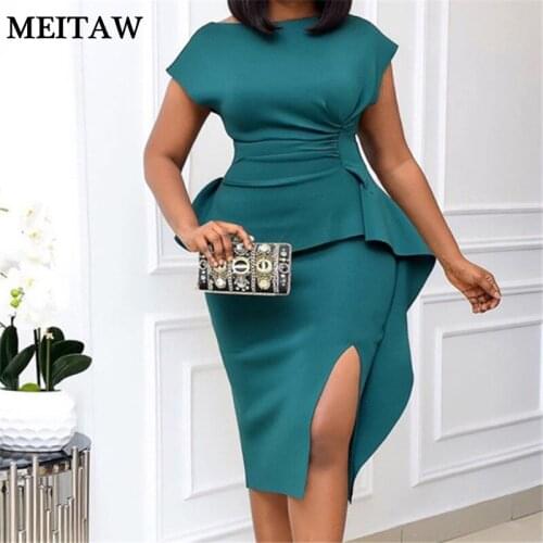Women Office Pencil Dress 2021 Spring Vintage Ruffled O-Neck Solid Midi Dress Elegant High Waist Party Dresses