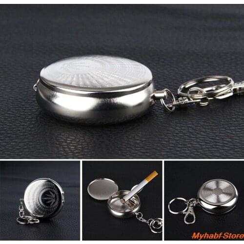1pc Mini Cigarette Ashtray with Key Chain Smoking Accessories Stainless Steel Round Shaped Cigarette Ash Tray Ash Slot Men Gifts