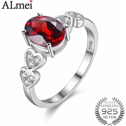 Almei Red Oval Cubic Zirconia Stone Engagement Wedding Rings 925 Sterling Silver Fine Jewelry for Women Gift with Box 40% FJ024