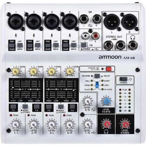 Ammoon AM-6R 8-Channel Digital Audio Mixer Mixing Console with Recording DJ Network Live Broadcast Karaoke Function