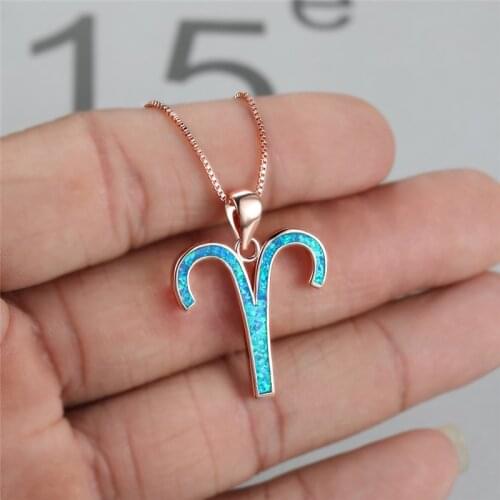 Rose Gold Color Chain Necklace Twelve Constellations Wedding Necklace Luxury Female Blue Opal Stone Pendant Necklaces For Women