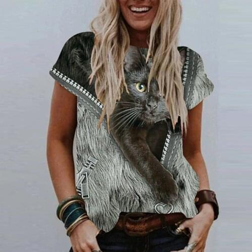 European and American Cat Print Round Neck Womens Short-sleeved T-shirt