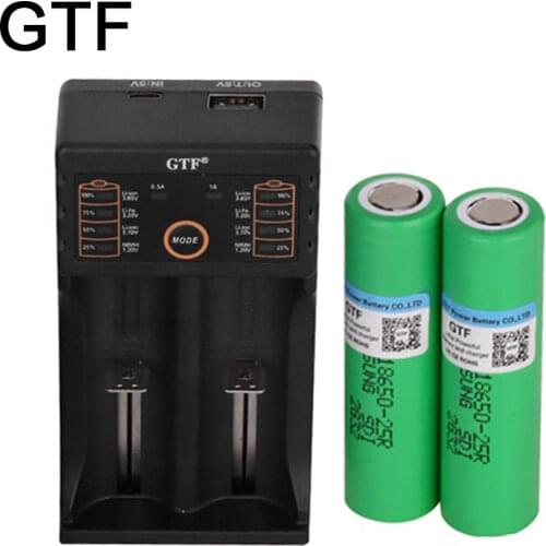 GTF 18650 2500mAh Battery 3.7V 2500mah INR1865025R 25R 18650 Rechargeable Battery for Screwdriver Flashlight With USB Charger