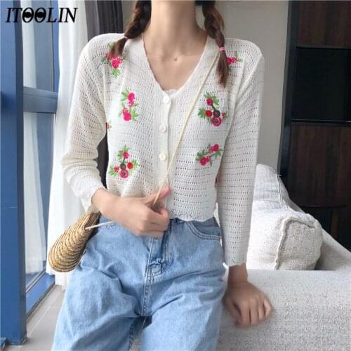 ITOOLIN 2020 New Fashion Embroidery Floral Knitted Thin Tops Shirt Women Sun-proof Long Sleeve Short Coats Female Outwear Tops