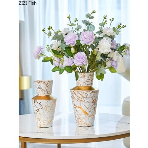 Ceramic Vase Golden Reticulated Marble Texture Flowers Pot Flower Arrangement Crafts Porcelain Vases Floral Home Decor Modern