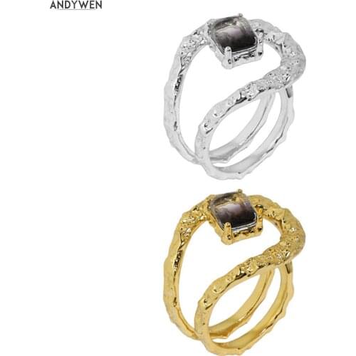 ANDYWEN 100% 925 Sterling Silver Gold Two line Resizable Ring Women Wedding Brown Jewelry Fine Jewels Geometric Irregular