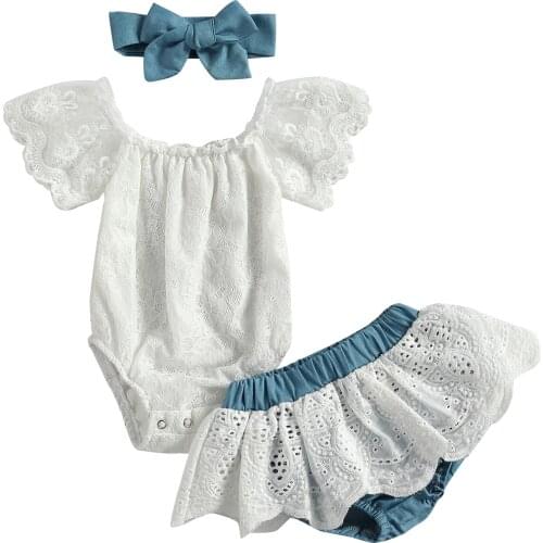 3Pcs Outfit Baby Girl Clothes Summer Fresh Lace Boat Neck Off Shoulder Romper and Ruffles Short Pants with Headband