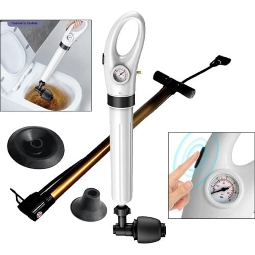 Toilet Air Pressure Plunger Pump Kits Air Drain Blaster Augers Gun Plunger with 4 Replaceable Heads White
