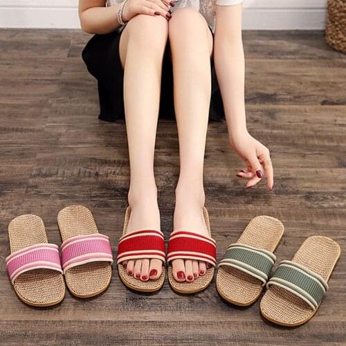 2021 Hot Womens Fashion Shoes Anti-slip Linen Home Indoor Open Toe Flat Shoes Beach Slippers Fashionable Design Hawaii Slippers